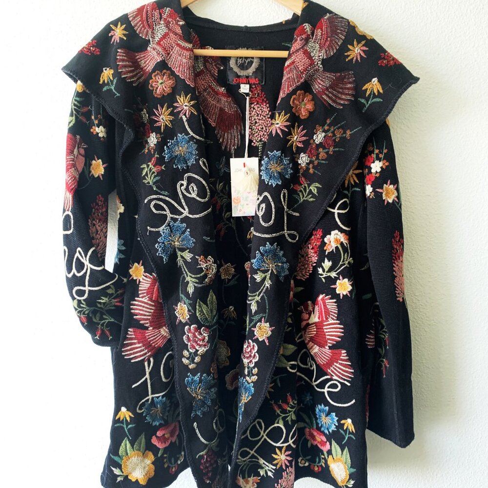 Johnny Was NWT Black cardigan jacket with Artisan Embroidery Size M